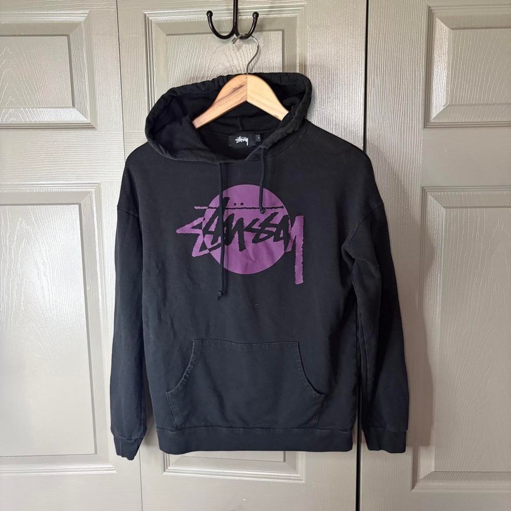 Stussy Mens Small Black Purple Graphic Logo Pullover Hoodie Skater Streetwear